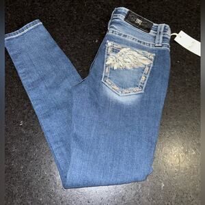 NEW MISS ME MID RISE SKINNY SUBTLE IRIDESCENT BLING DENIM BLUE JEANS SZ 26x29